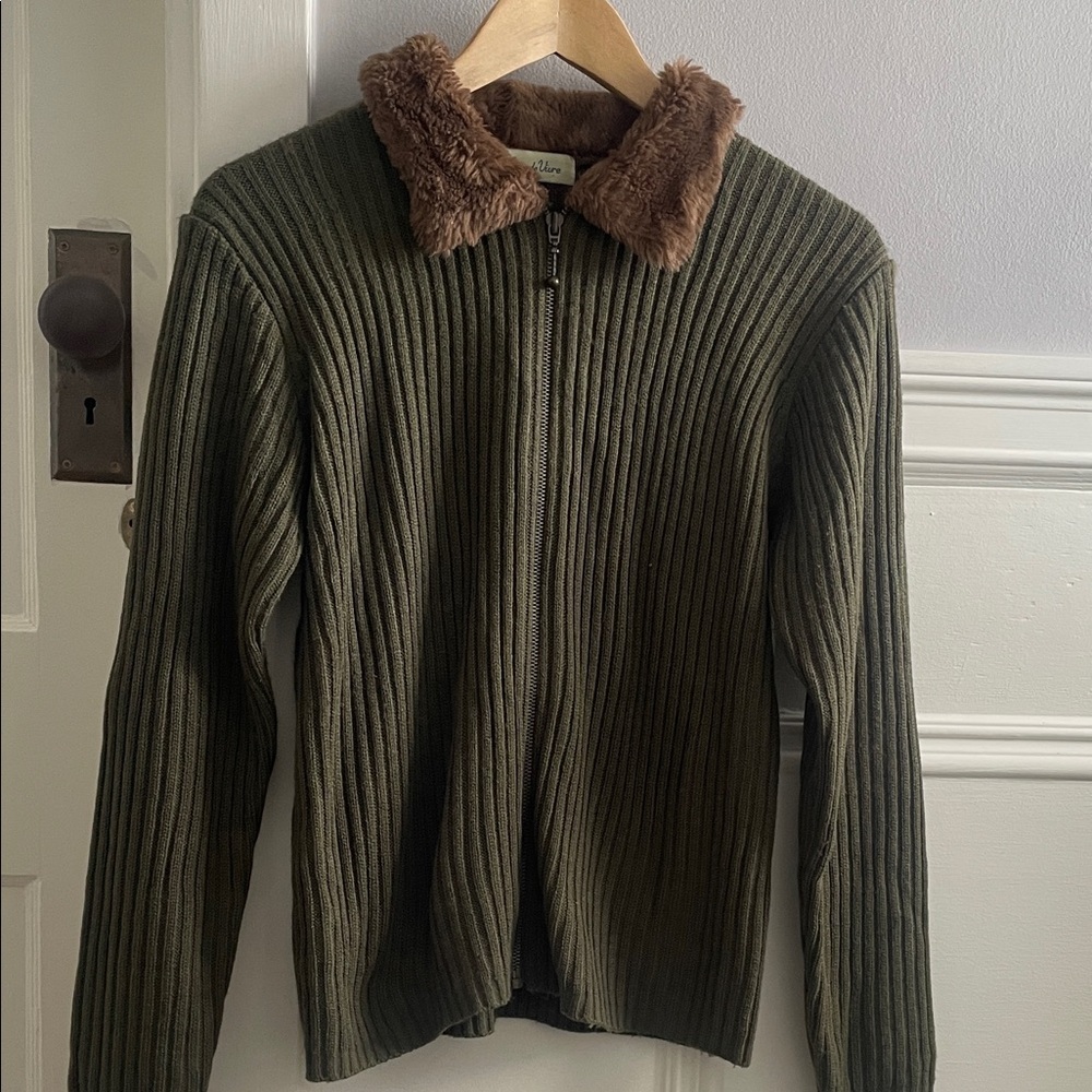 Vintage Y2K Joie de Vivre zip up cardigan with faux fur- size Small